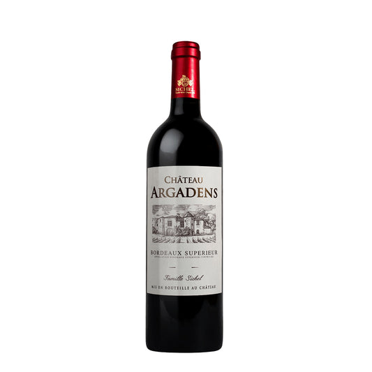 Château Argadens Bordeaux Superieur wine bottle on a white background