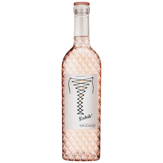 Rose gold bottle with a white label on a white background