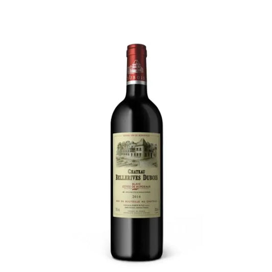 Red wine bottle with a visible label on a white background