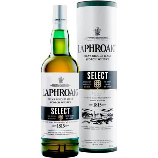 Laphroaig Islay Single Malt Scotch Whisky bottle and packaging on a white background