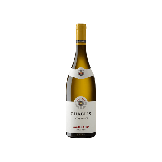 Bottle of Chablis wine with a white label on a white background