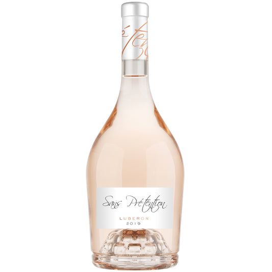 Rose wine bottle with a white label on a white background