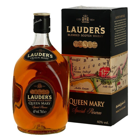 Lauder's Queen Mary blended Scotch whisky bottle and packaging on a white background