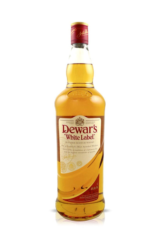 Dewar's White Label whiskey bottle on a white background