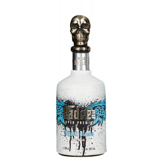 Bottle of Padre Super Premium Blanco Tequila with skull design on a white background
