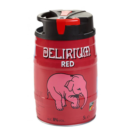 Red Delirium Red beer keg with pink elephant logo on a white background