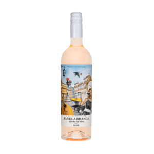 Wine bottle with colorful label on a white background