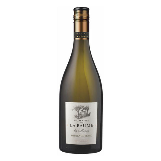 Wine bottle with 'Domaine de La Baume' label on a white background
