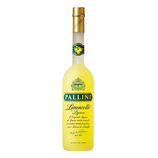 Yellow bottle of Pallini Limoncello Liqueur with gold cap on a white background