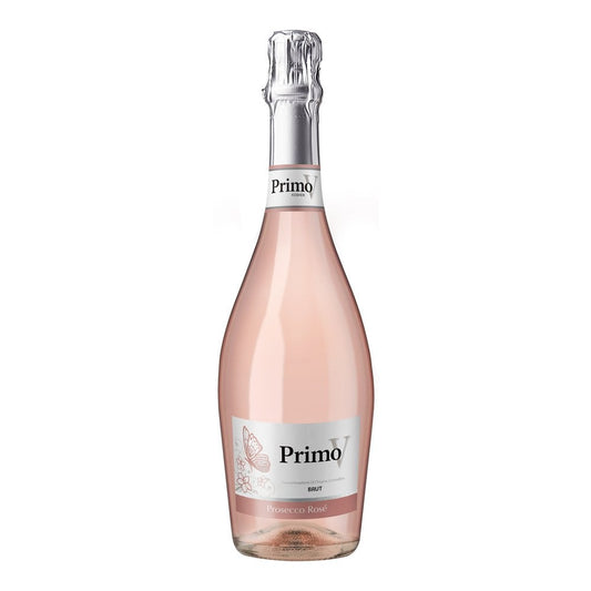 Bottle of Primo sparkling rose wine on a white background