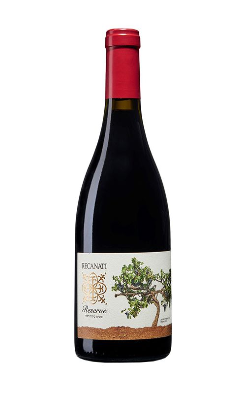 Red wine bottle with a label on a white background