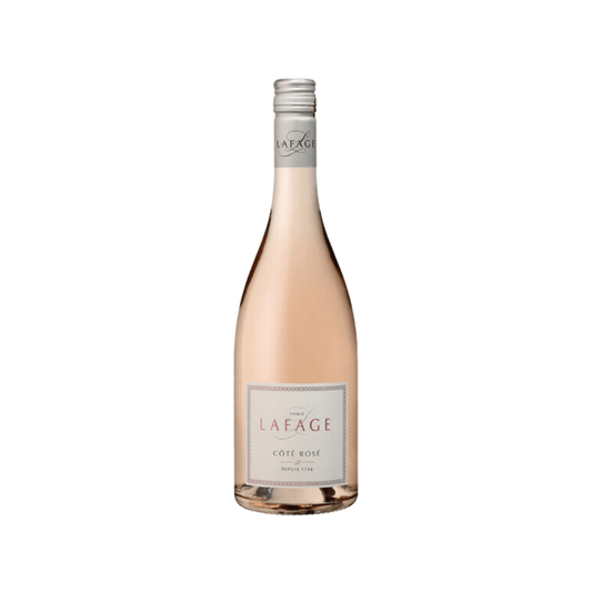Bottle of LaFage Côte Rose wine on a white background