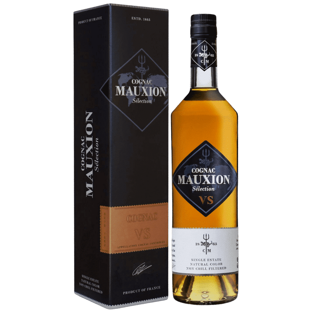 Cognac Mauixon VS bottle and packaging on a white background