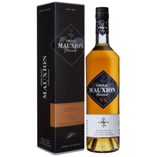 Cognac Mauixon VS bottle and packaging on a white background