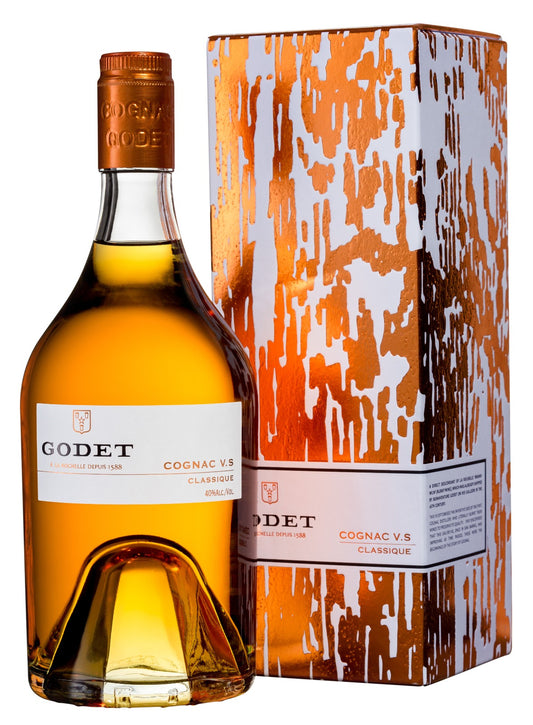 Bottle of Godet Cognac V.S. with its packaging on a white background