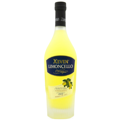 Bottle of Xeven Limoncello on a white background