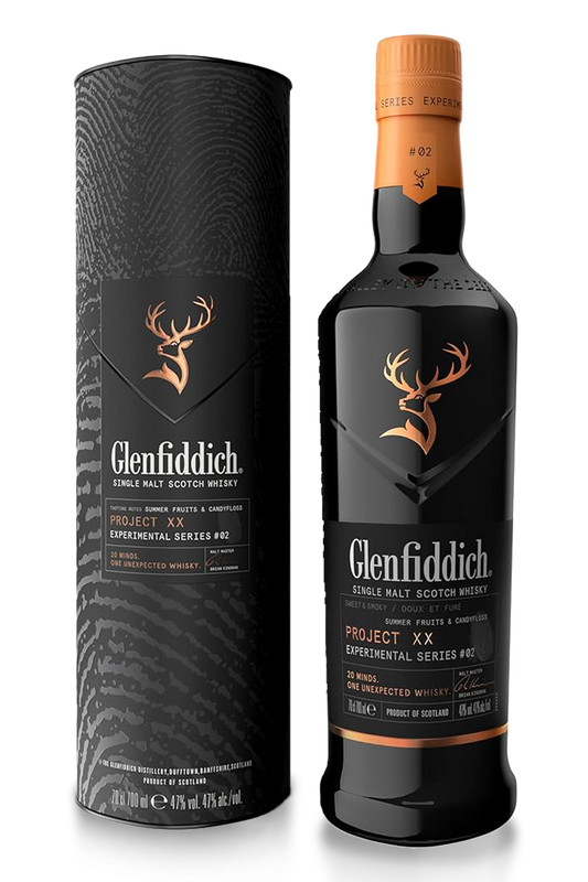 Glenfiddich Project XX whisky bottle and packaging on a white background